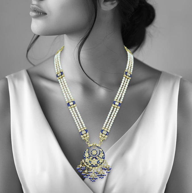 Three-Strand Pearl Necklace with Blue Enamel and Sapphire Accents